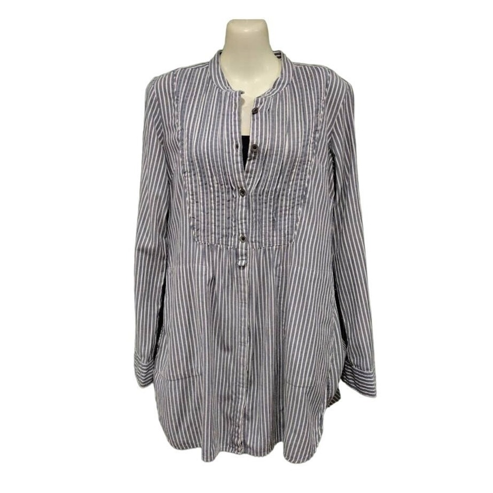 Ruff Hewn Striped Button Up Tab Sleeve Tunic with Pockets,‎ Blue, Wht, Sz S